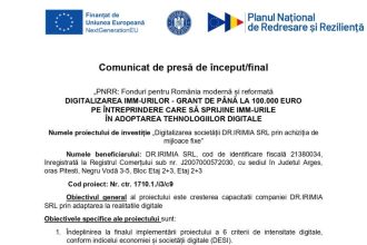 Comunicat de presa Digitalizarea DRIRIMIA SRL prin achizitii fixe