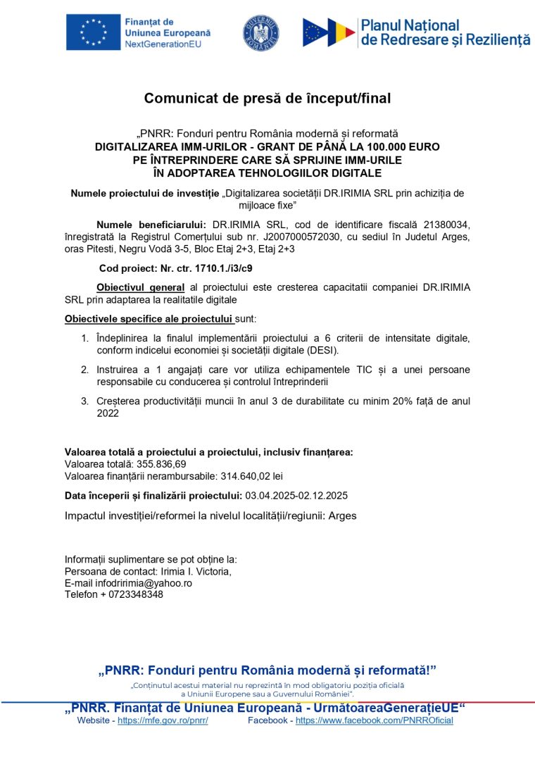 Comunicat de presa Digitalizarea DRIRIMIA SRL prin achizitii