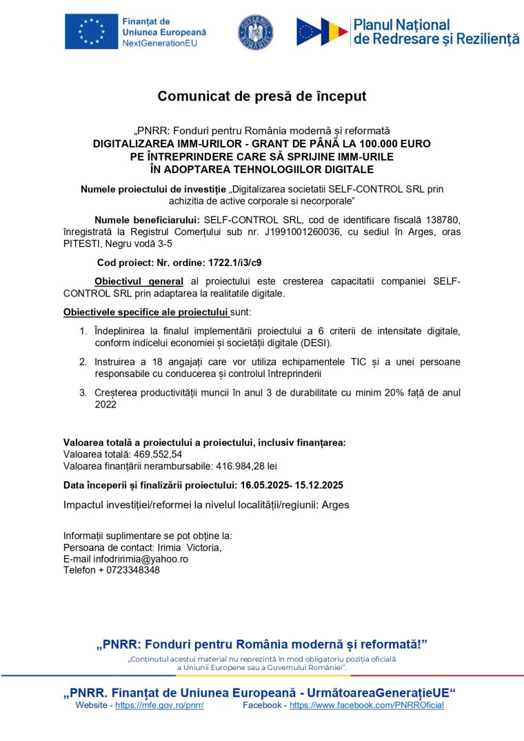 Comunicat de presa Digitalizarea SELF CONTROL SRL prin achizitii