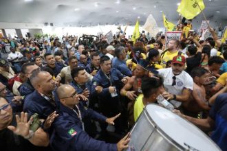 Protest violet in Brazilia la COP30 manifestanti cu bate
