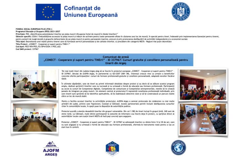 CONECT Cooperare si suport pentru tineri Cursuri gratuite si consiliere pentru tinerii din Arges