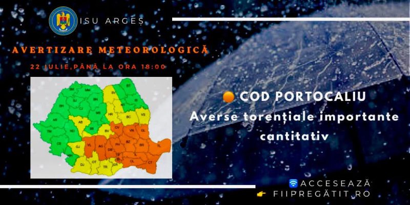 Arges Ploile torentiale percista pana la ora 18 Cod portocaliu