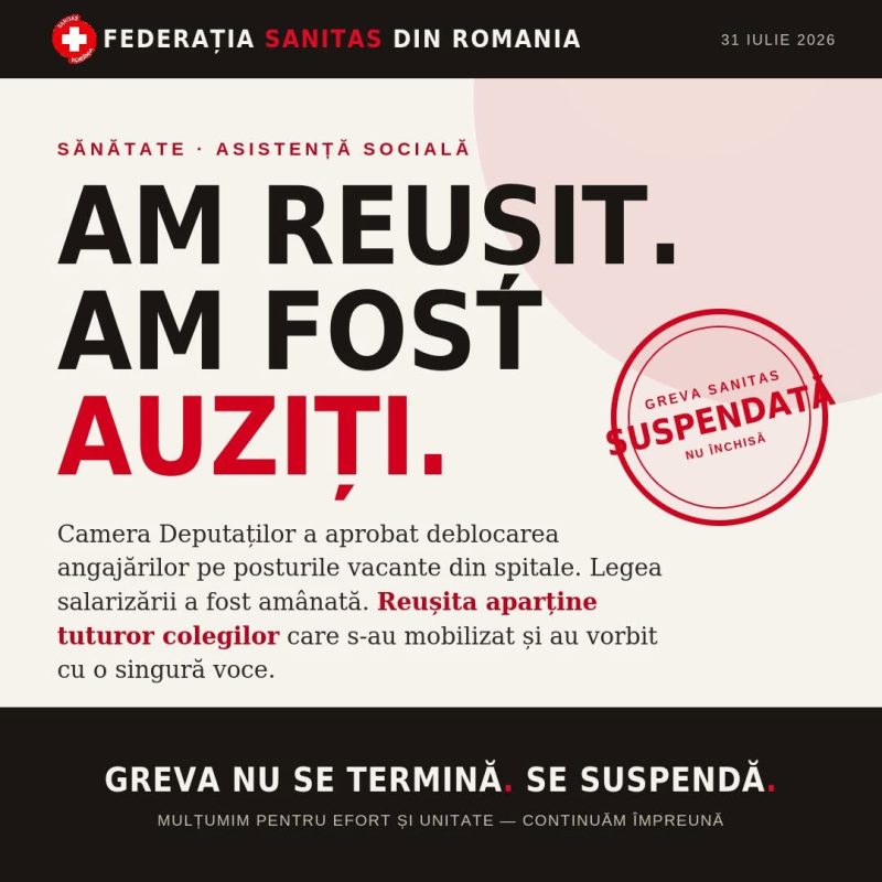 Sanitas Nu suspendam greva ci oferim o sansa politicului sa se reseteze si sa reia negocierile pentru o noua lege a salarizarii