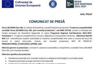Venus BCLMOB Class SRL anunta finalizarea proiectului Imbunatatirea competitivitatii societatii Venus BCLMOB Class SRL prin investitii productive