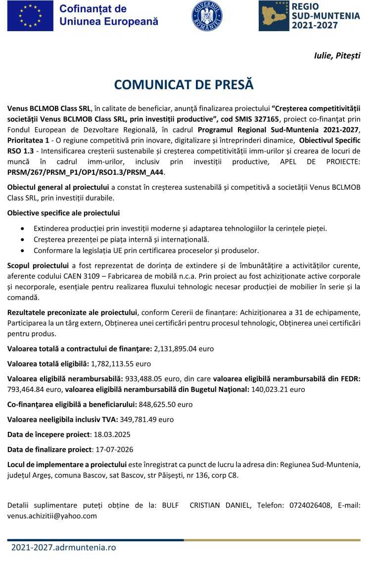 Venus BCLMOB Class SRL anunta finalizarea proiectului Imbunatatirea competitivitatii societatii Venus BCLMOB Class SRL prin investitii productive