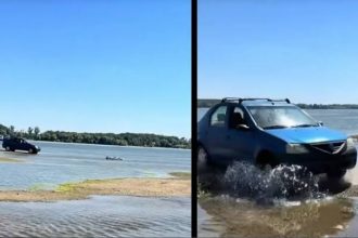 Un sofer a patruns cu un Logan pe albia secata a Dunarii Imaginile au devenit virale