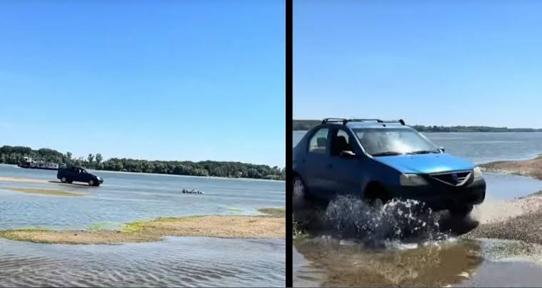 Un sofer a patruns cu un Logan pe albia secata a Dunarii Imaginile au devenit virale